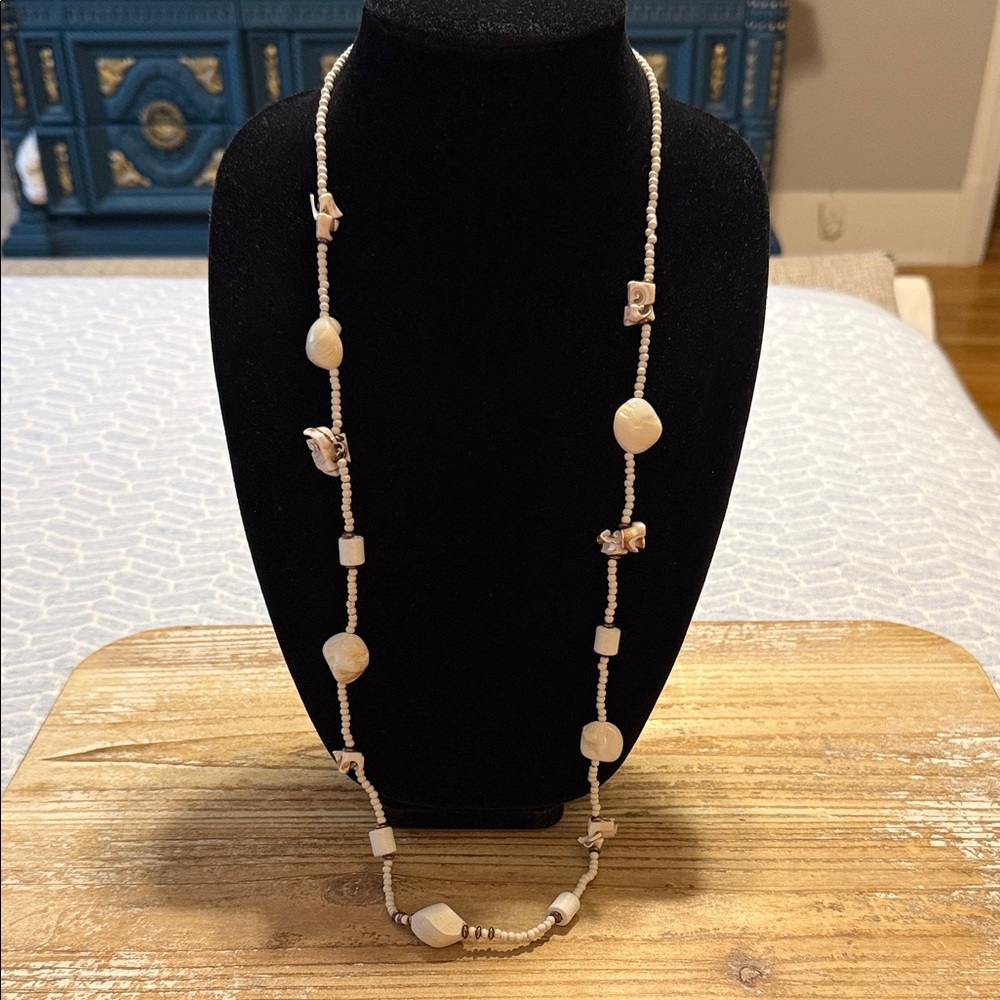 Vintage Boho White Seashell Beaded Long Statement Necklace